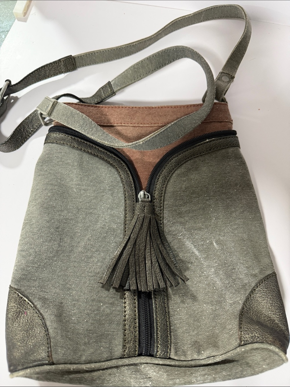 Mona B Olive Grey and Brown Canvas Crossbody Shoulder Bag